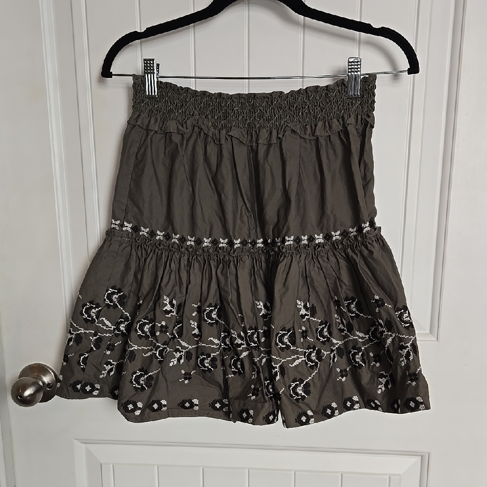 Kate Spade Broome Street Olive Embroidered Smocked Waist Skirt Boho Cottagecore
